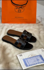 Hermes Oran Leather Matte Flat Sandals For Ladies