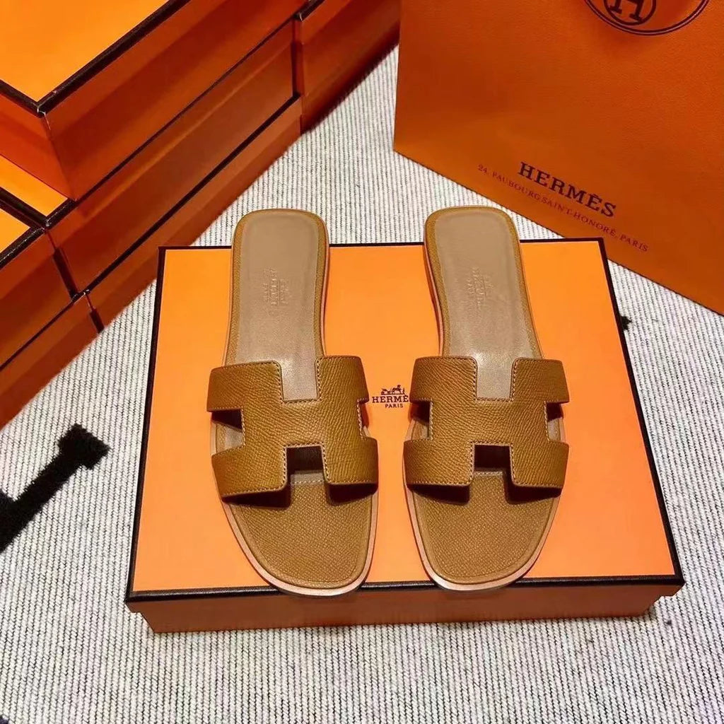 Hermes Oran Leather Matte Flat Sandals For Ladies